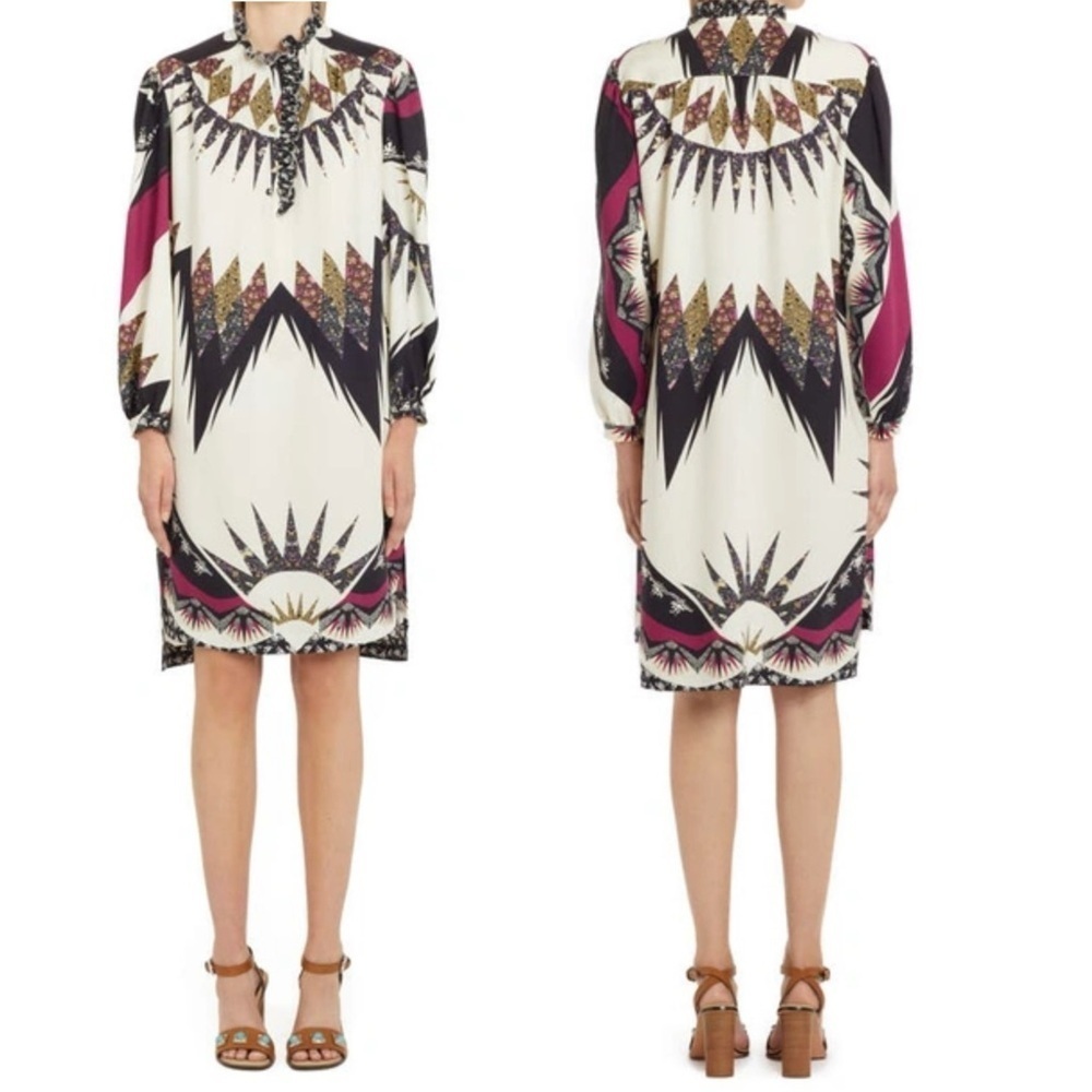 ETRO Gimmie Patchwork Boho Long Sleeve Wool & Silk Shift High-Low Mini Dress NEW